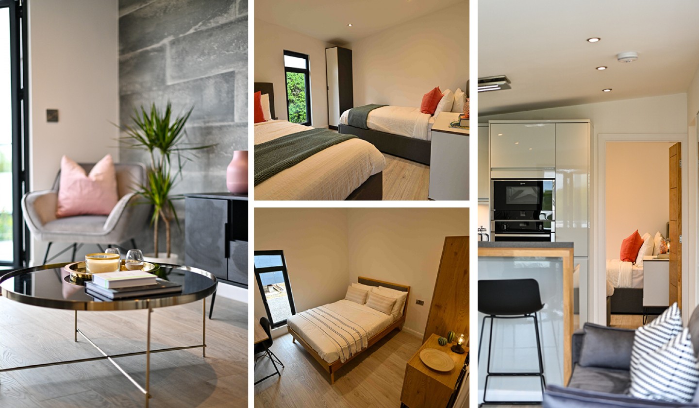 4 images of interiors inside a lodge